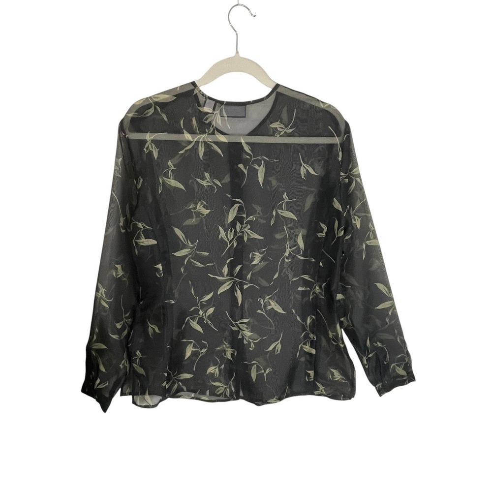 Liz Claiborne 100% Silk Blouse 12 Sheer Leaf Print Button Front Romantic Top